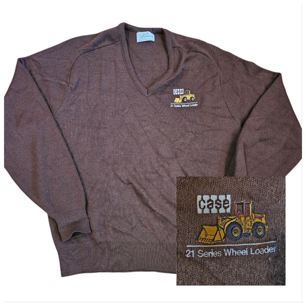Vintage 80s Mens Large CASE Brown Sweater 21 Series Wheel Loader Embroidered USA
